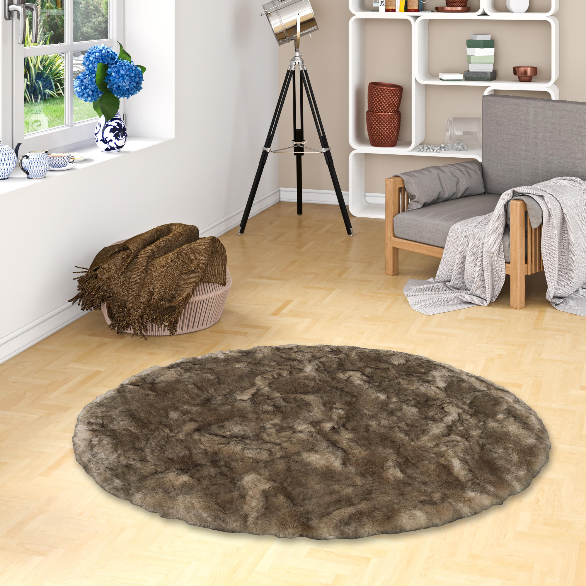 LUXUS SUPER SOFT FELLTEPPICH ASPEN RUND MELIERT - Braun, Textil (80/80cm) - Pergamon