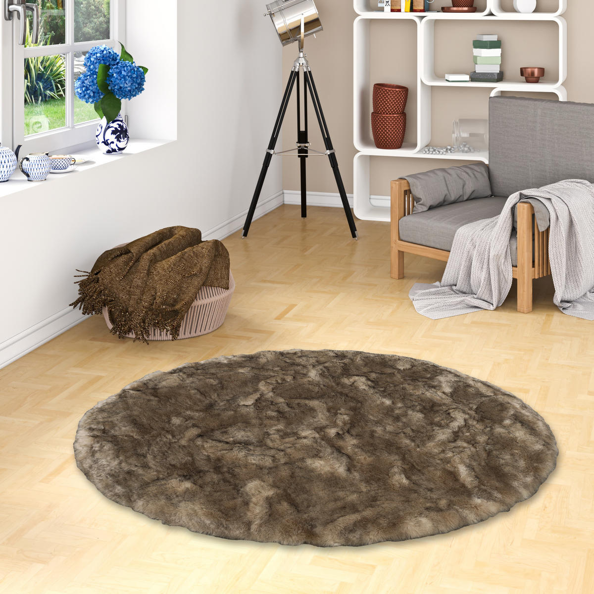 LUXUS SUPER SOFT FELLTEPPICH ASPEN RUND MELIERT - Braun, Textil (80/80cm) - Pergamon