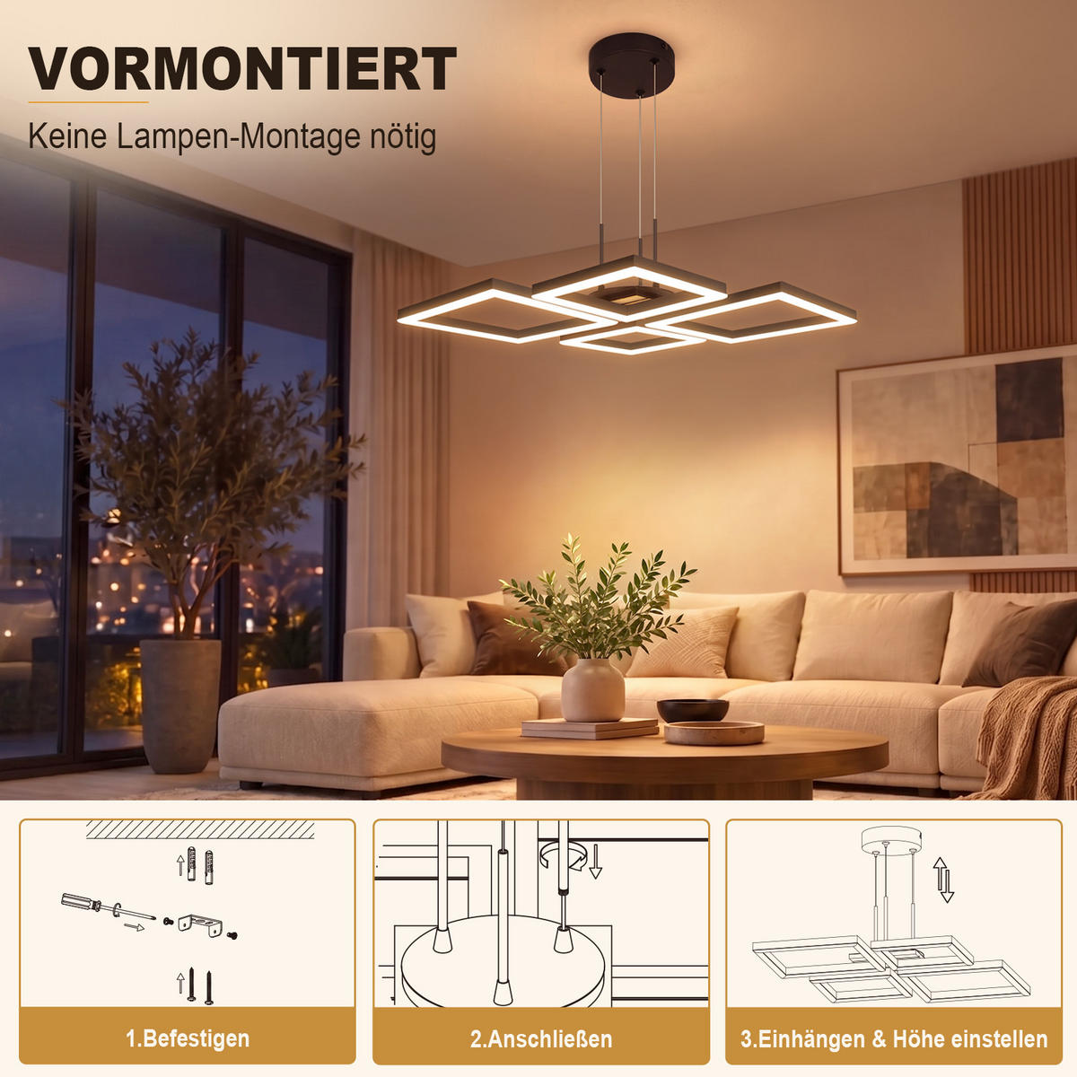LED PENDELLEUCHTE Orvlon 48/45.5/139 cm - Schwarz, Kunststoff/Metall (48/45.5/139cm) - ZMH
