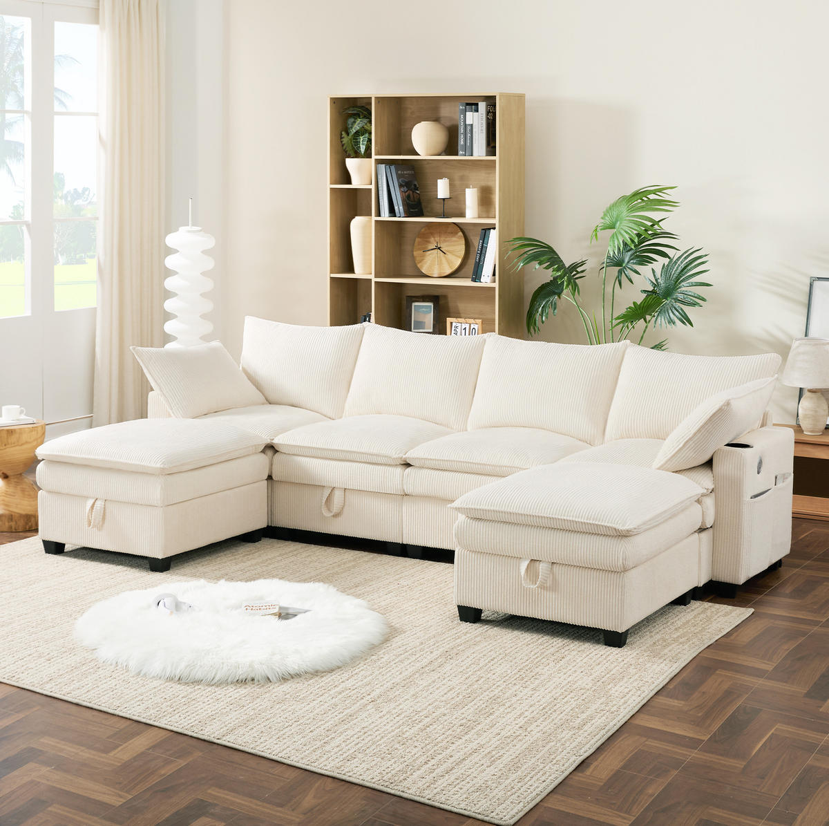WOHNLANDSCHAFT aus Cord 280x151x82 cm Beige mit USB-Anschlüssen, Stauraum, Getränkehaltern und 2 Fußhockern - Beige, Textil (152/83/280cm) - Modfu