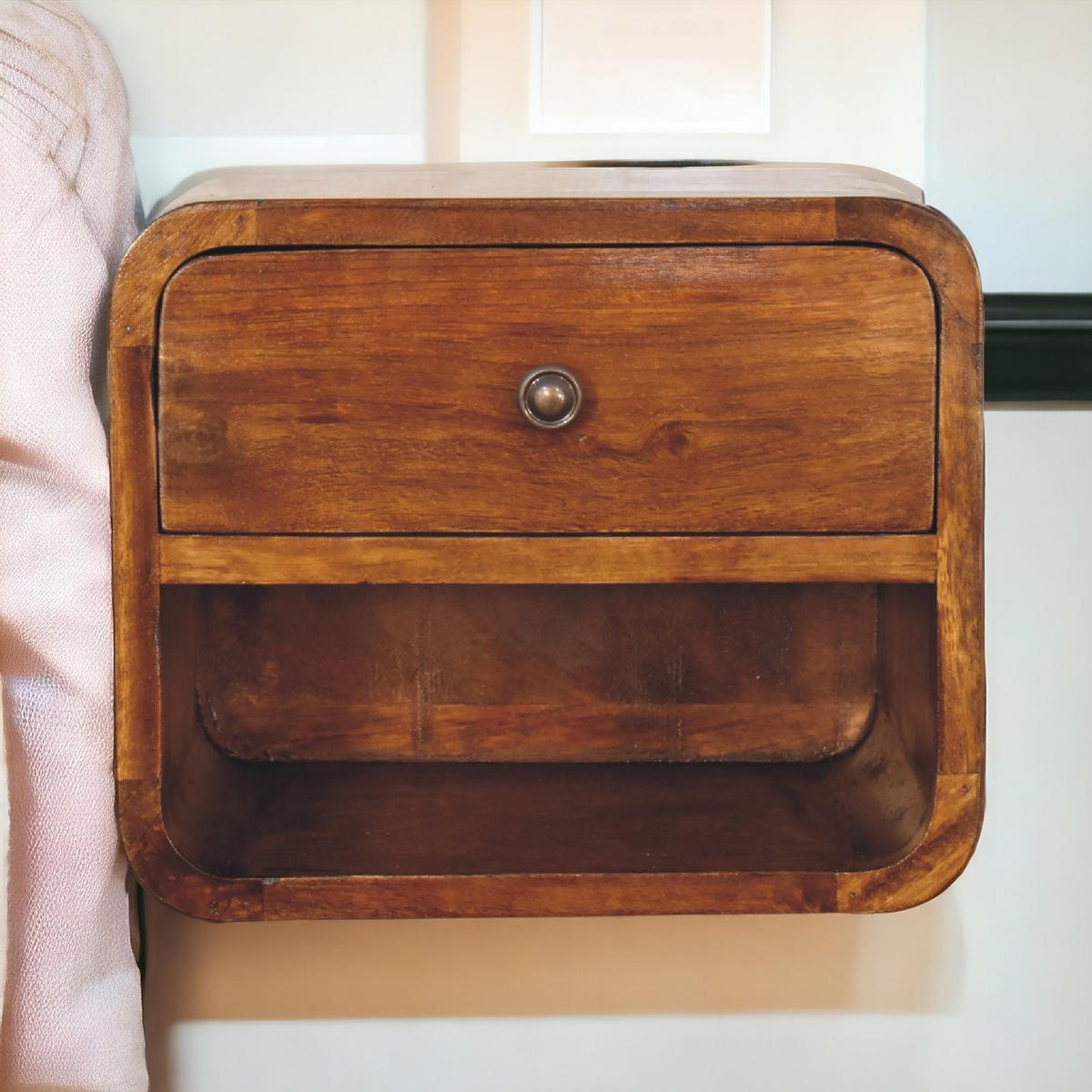 NACHTTISCH mit einer Schublade, wandmontierbar - Kastanienfarben/Messingfarben, Holz/Metall (30/25/25cm) - Artisan Furniture