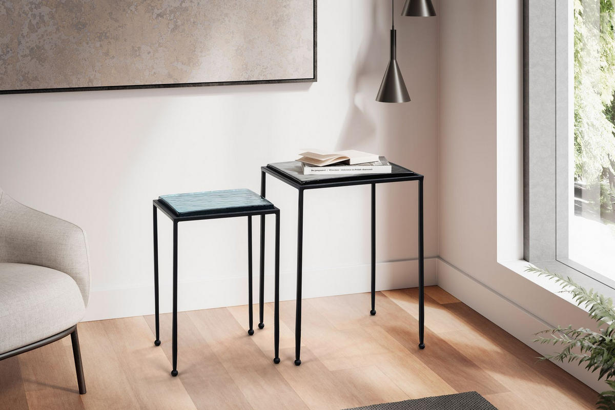 BEISTELLTISCH-SET Blau/Schwarz Glas/Metall Eckig Abnehmbare Tischplatte - Multicolor/Schwarz, Glas/Metall (39/39/55cm) - KADIMA DESIGN