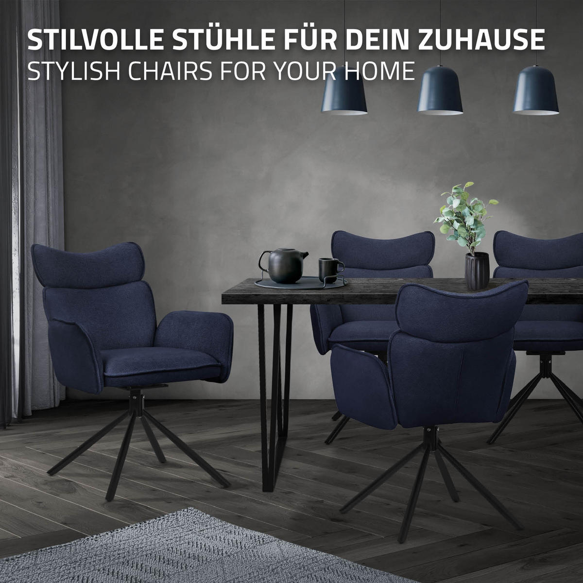 ESSZIMMERSTÜHLE 2er Set drehbar Dunkelblau mit Stoffbezug - Schwarz/Dunkelblau, Textil/Metall (63/89/68cm) - ML-DESIGN