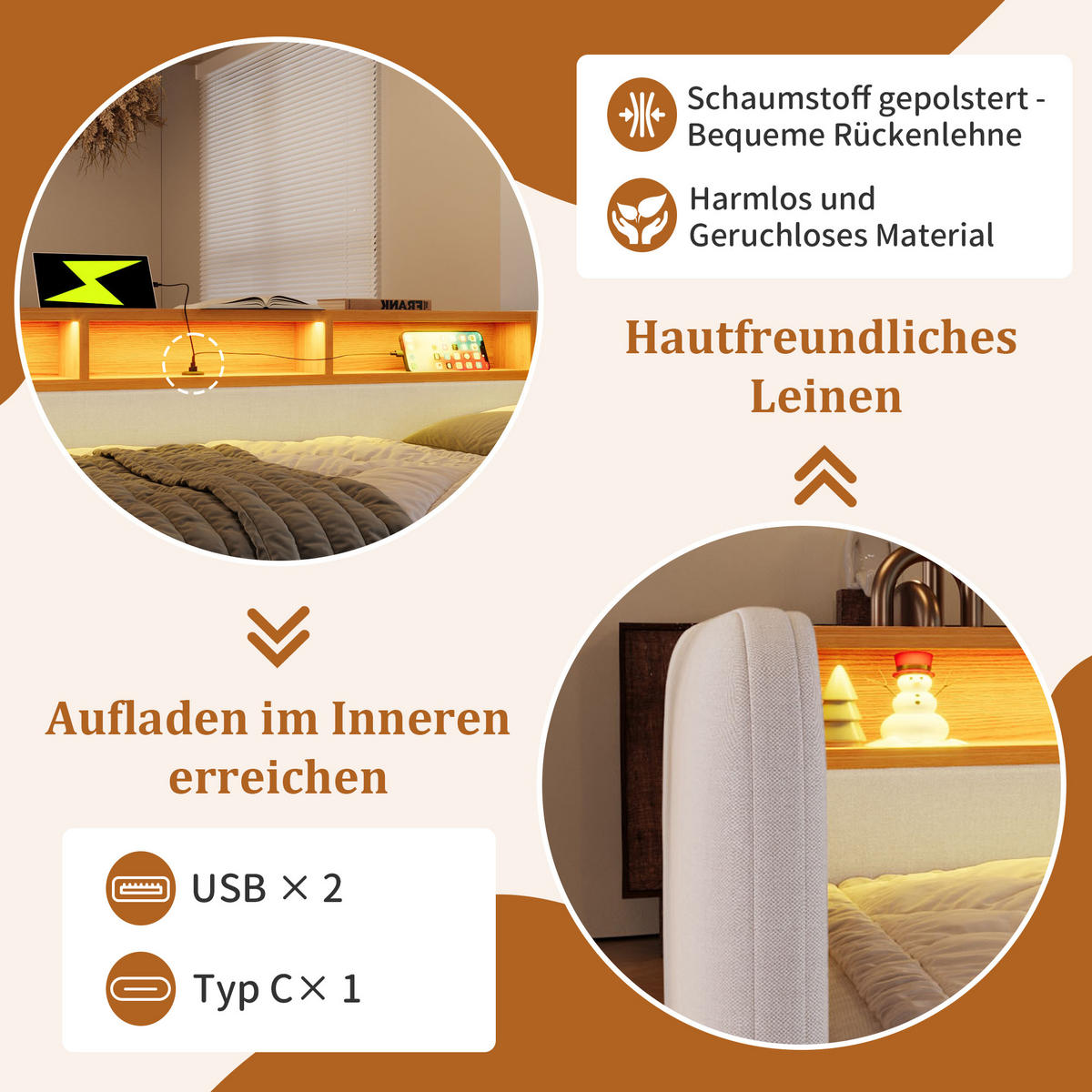 POLSTERBETT aus Leinen 140x190 cm in Hellbeige mit LED & USB-C-Ladefunktion - Beige, Textil (140/190cm) - Modfu