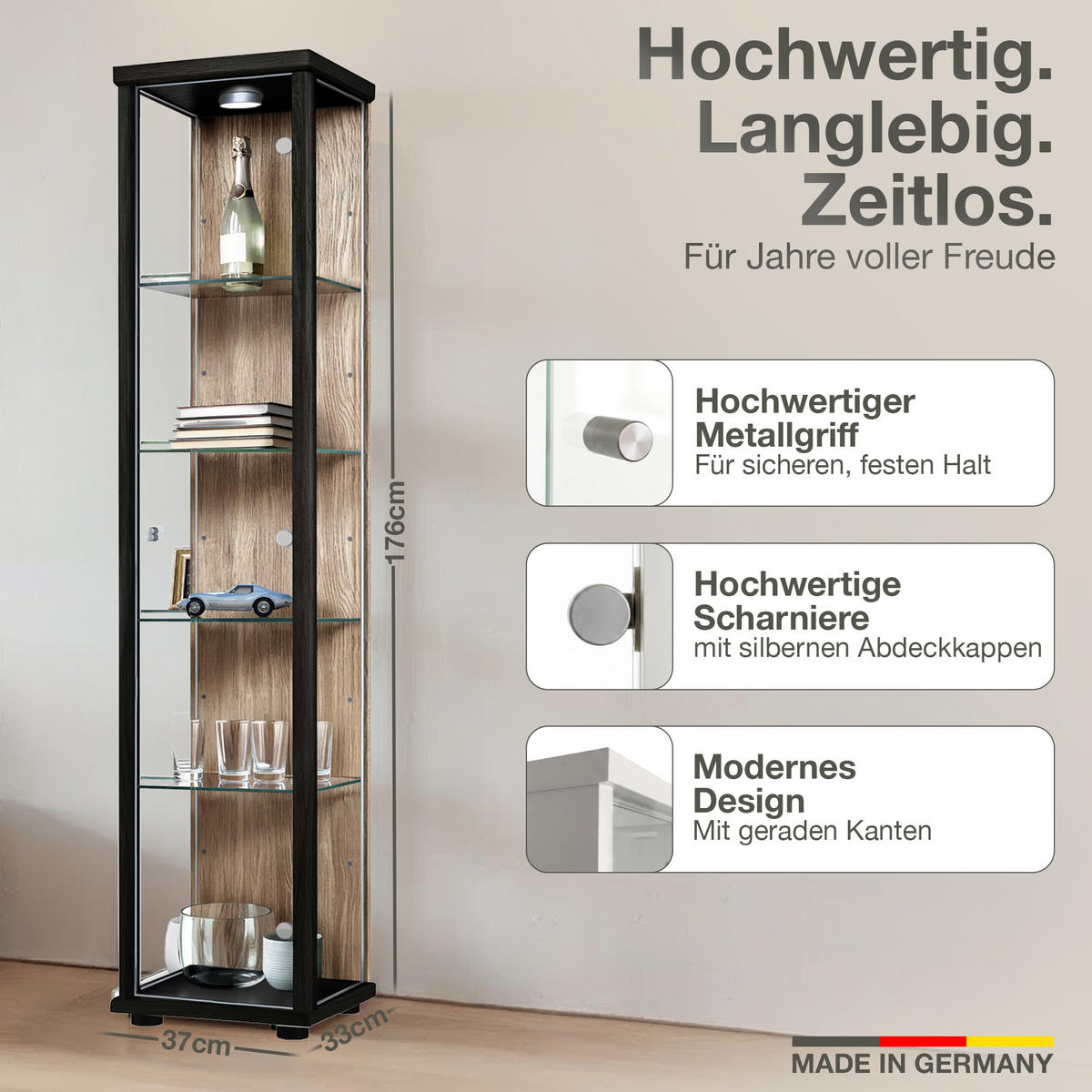 GLASVITRINE 33/37/176 cm mit LED & 4 höhenverstellbaren Glasböden - Transparent/Silberfarben, Glas/Holzwerkstoff (37/176/33cm) - K-Möbel