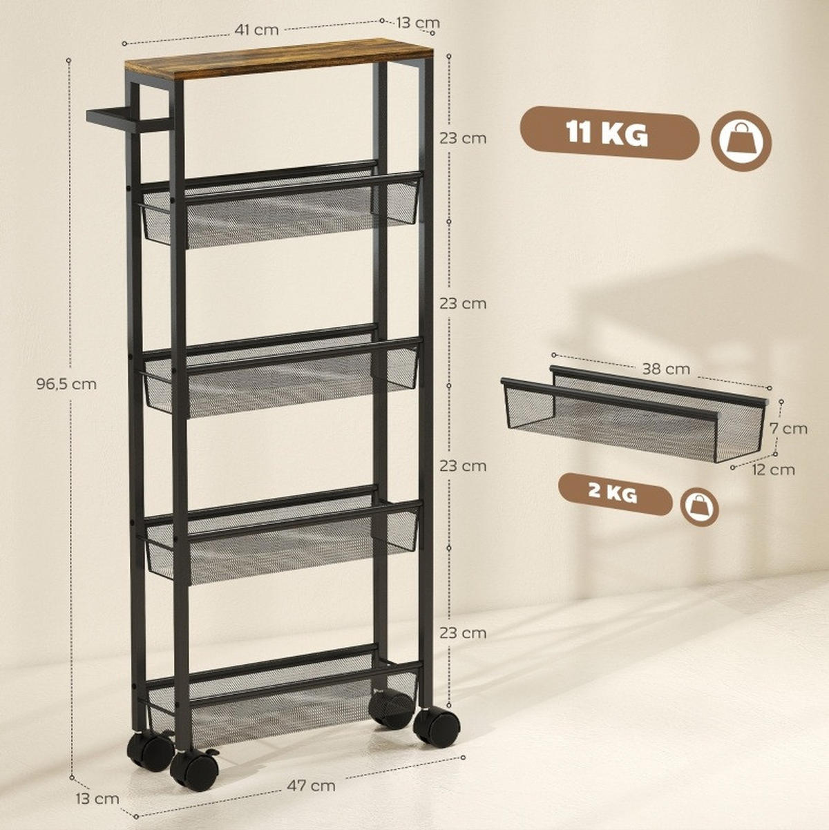 KÜCHENWAGEN schmal mit 5 Ebenen 47 x 13 x 96,5 cm Schwarz - Schwarz, Holz (13/96.5/47cm) - Beauniv