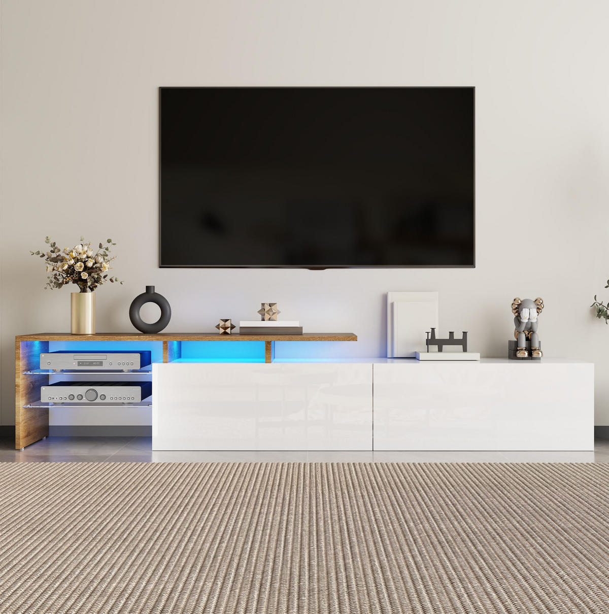 TV komoda, 170/33/33,5 cm, biela/prírodná, drevotrieska s LED osvetlením - biela, kompozitné drevo (170/33.5/33cm) - BEAOK