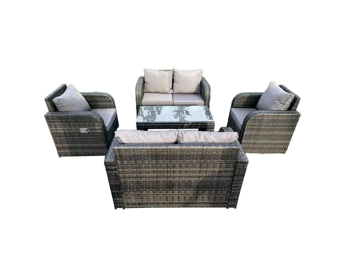 GARTEN-SOFA SET MIT COUCHTISCH LOUNGE LOVESEAT Polyrattan Patio 6-Sitzer - Dunkelgrau/Grau, Glas/Kunststoff - Fimous