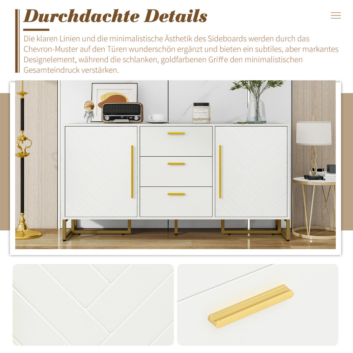 SIDEBOARD aus MDF und PB Weiß 145x40x75 cm mit 2 Türen, 3 Schubladen und verstellbaren Einlegeböden im Fischgrät-Design - Weiß, Holzwerkstoff (145/75/40cm) - Modfu
