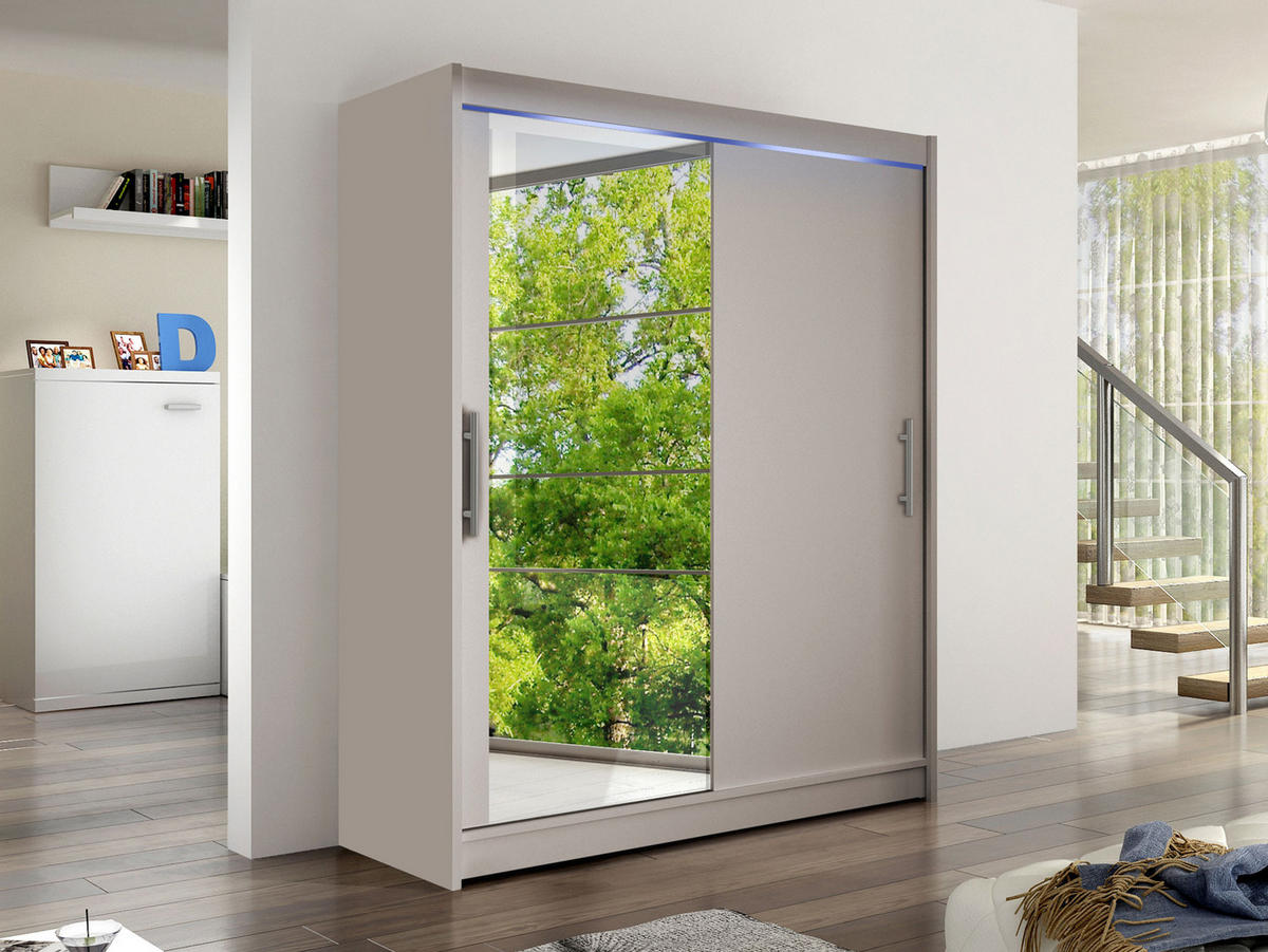 SCHWEBETÜRENSCHRANK Westa VI, mit RGB LED Beleuchtung - Kaschmir/Silberfarben, Holzwerkstoff/Metall (150/200/58cm) - MIRJAN24