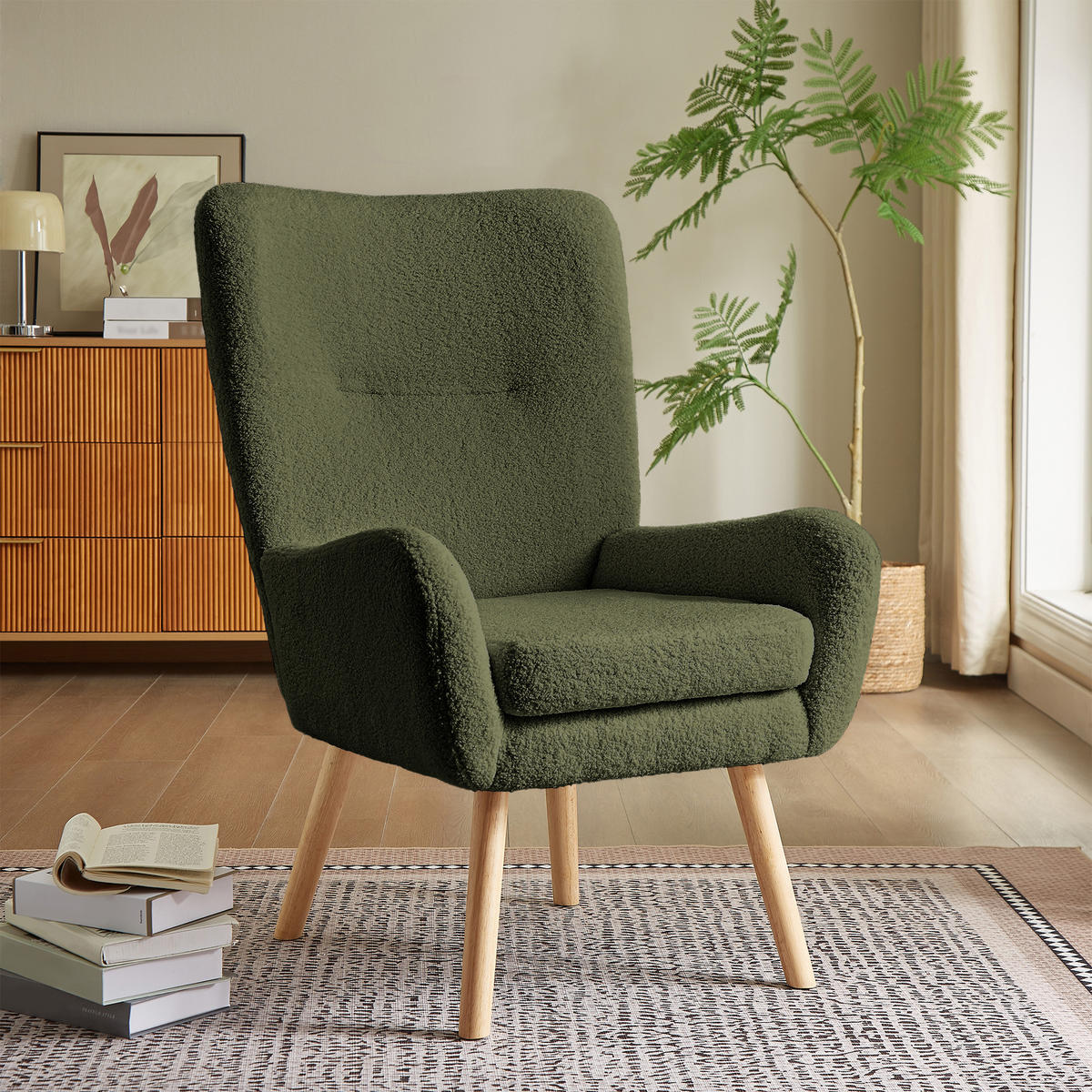 SESSEL Gaïa Moderner skandinavischer aus khakifarbenem Frotteestoff - Akaziefarben/Grün, Holz/Textil (66.5/98/80.5cm) - Sicaan