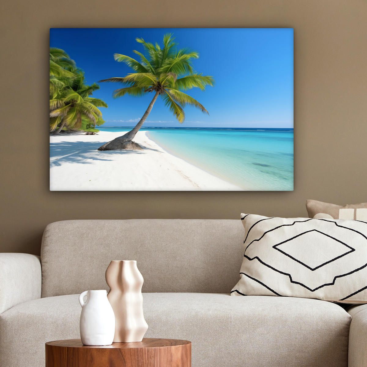 LEINWANDBILD Strand - Palme - Tropisch - Meer Gemälde 60x40 cm - Grün, Textil (60/40cm) - MuchoWow