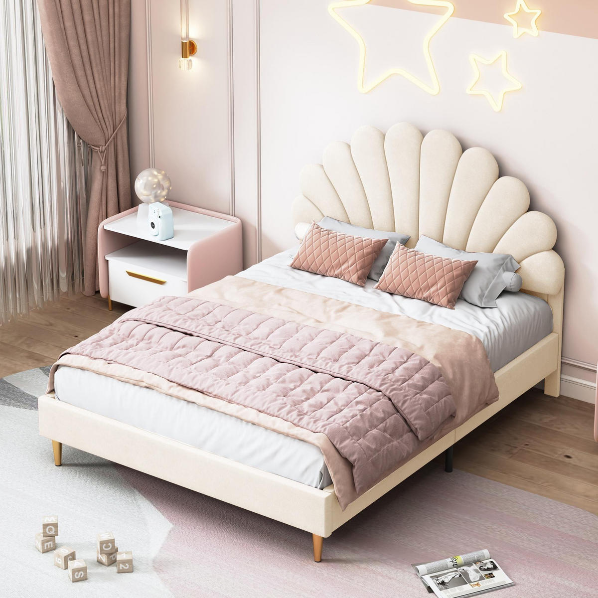 POLSTERBETT 140/200 cm, mit blumenförmigem Kopfteil, Lattenrost, GepolstertesBett aus Samt, Beige - Beige, Holzwerkstoff (140/200cm) - Brevoria