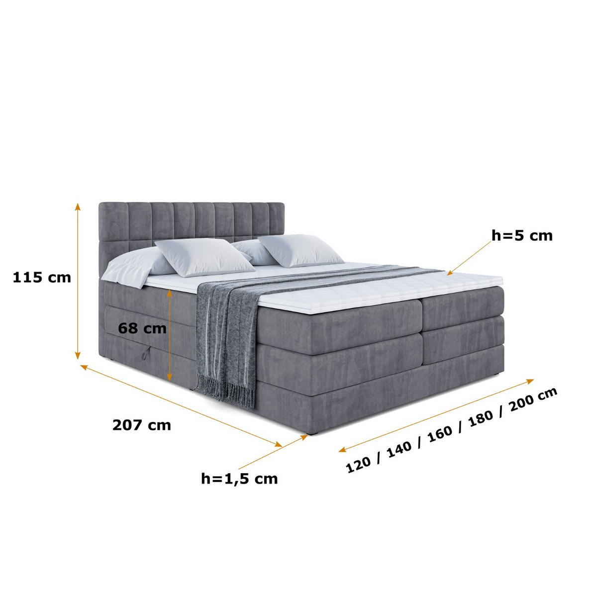 BOXSPRINGBETT MIAMI KING - 160x200 - H3/H4 - Dunkelgrau - Dunkelgrau, Holzwerkstoff (160/200cm) - ALTDECOR