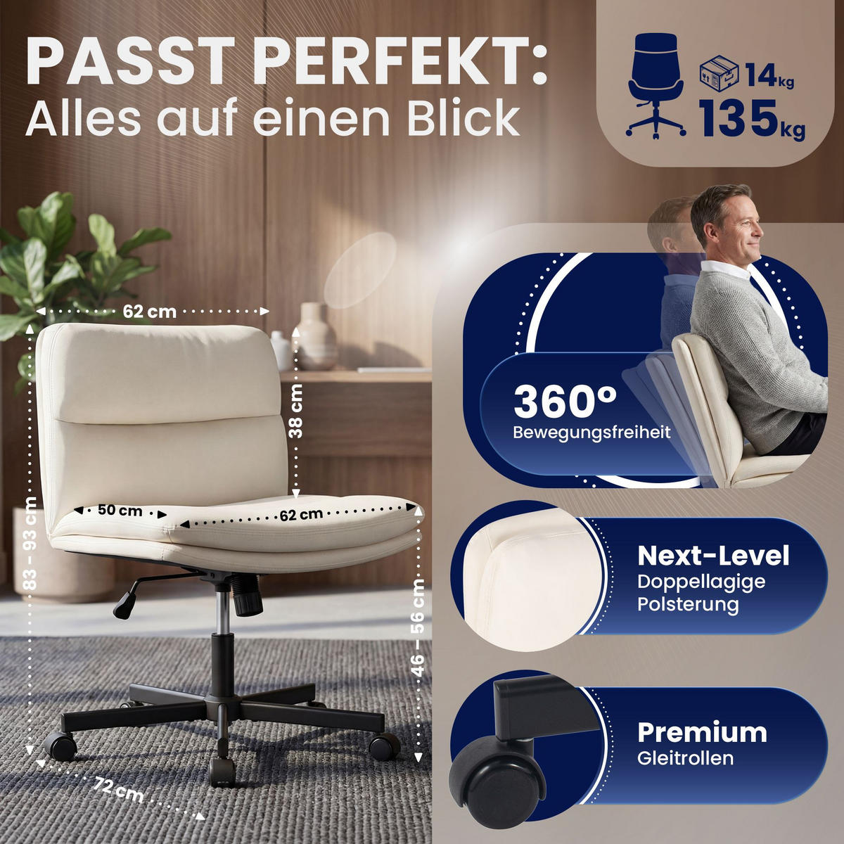 DREHSTUHL Lederlook Creme - Creme/Schwarz, Textil/Metall (62/83/72cm) - CLP