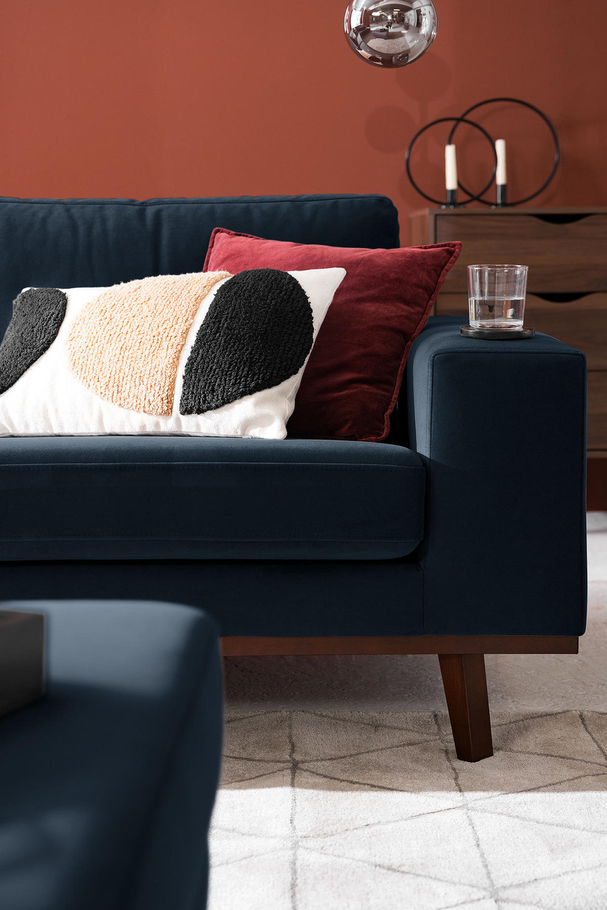 ECKSOFA mit Ottomane - Buchefarben/Dunkelblau, Buchenholz/Textil (287/219cm) - home24