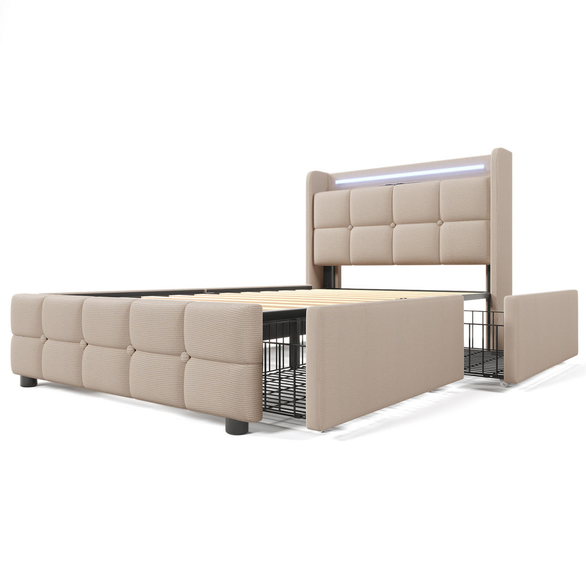 POLSTERBETT aus Holz 90x200 cm in Beige mit LED & Matratze - Beige, Holz (90/200cm) - Modfu