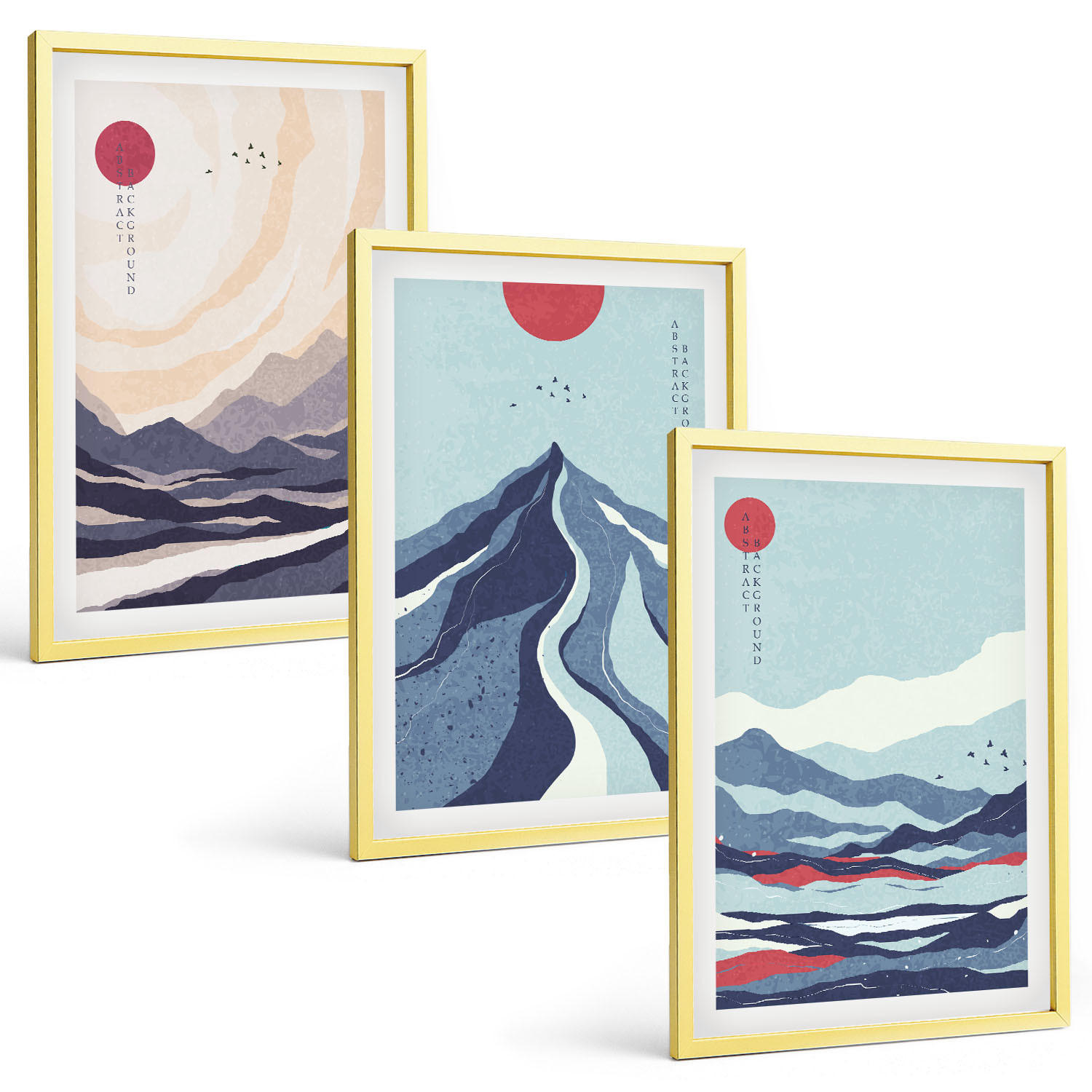 BILDER SET 3er Set - 40x60 cm Goldrahmen - Abstrakte japanische Berge - Goldfarben, Kunststoff (40/60cm) - TULUP