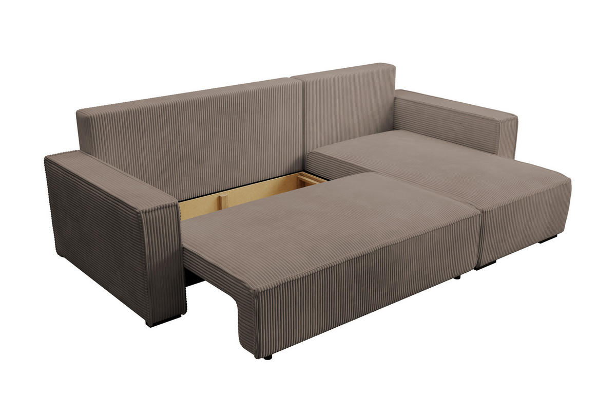 ECKSOFA CUDDY L, Eckcouch in L-Form mit Schlaffunktion und Bettkasten, Farbe: Braun, Cordstoff, Ottomane Rechts - Braun, Textil (240/140cm) - Storez24