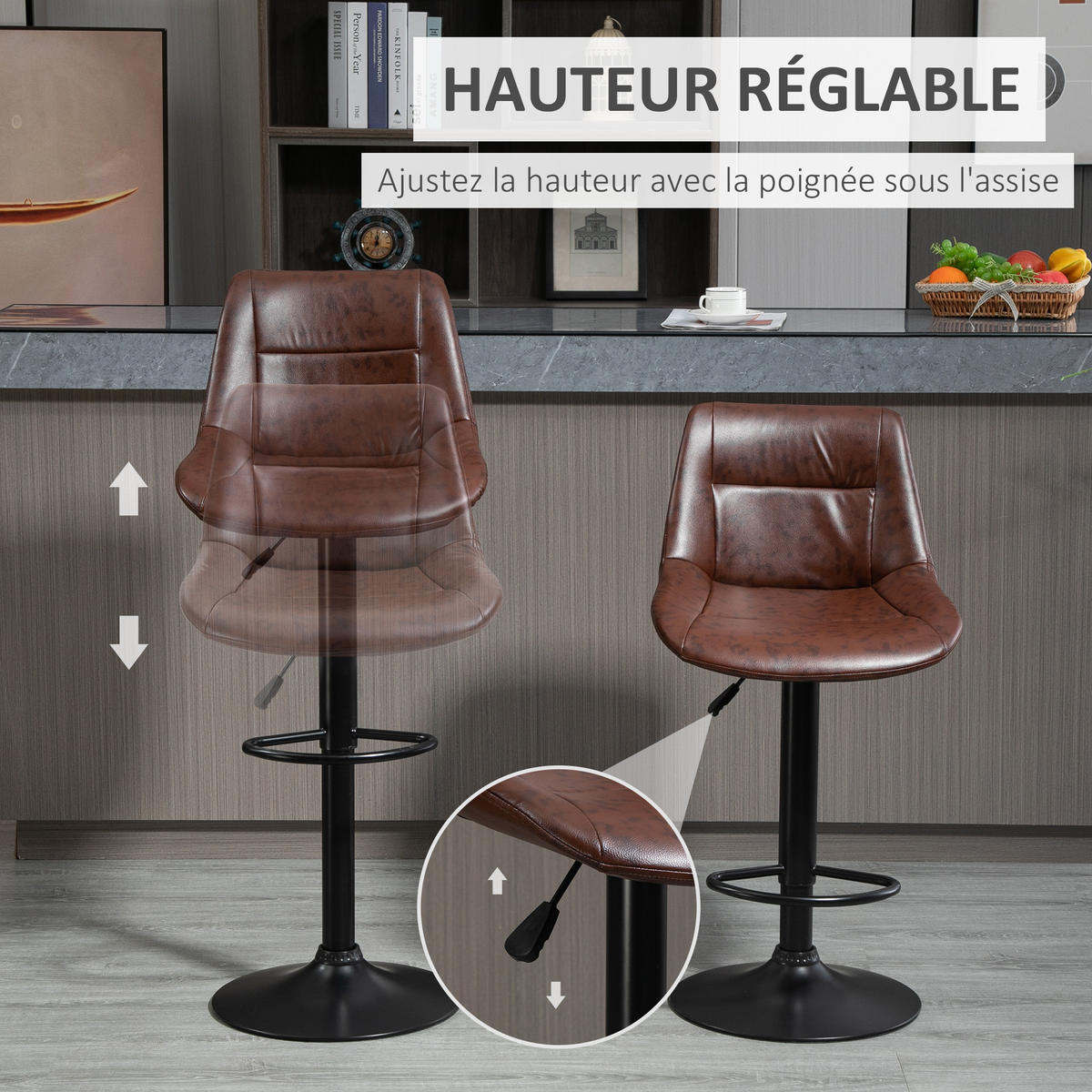BARHOCKER 2er-Set DE-14694 höhenverstellbar & schwenkbar mit Fußstütze Braun - Braun, Metall (50/108/46.5cm) - ComfortXL