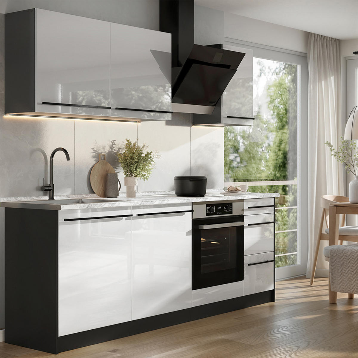 KUCHYŇSKÝ KOUT R-Line, Bílá vysoký lesk/Antracit, 220 cm pracovná doska Dub Goldkraft - antracitová/vysoce lesklá bílá, kompozitní dřevo (220/81.6/60cm) - Vicco