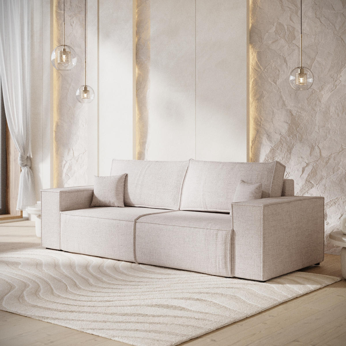 SOFA RESSO mit Schlaffunktion Hellbeige im Neve Stoff - Sandfarben/Schwarz, Holz/Holzwerkstoff (255/70/105cm) - AltaBeds