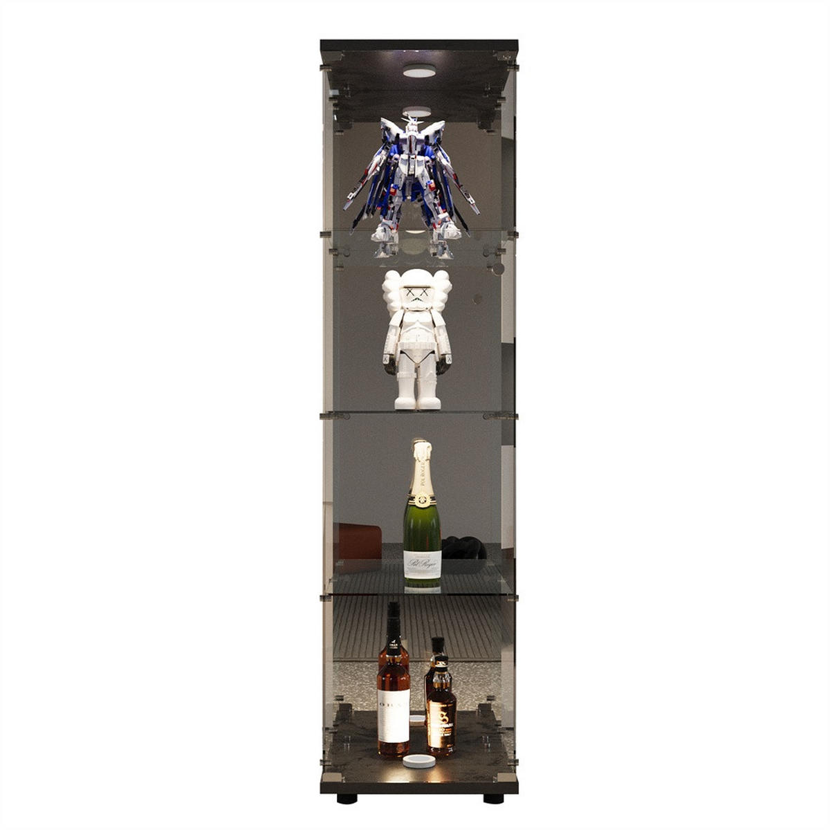 VITRINE - Glasvitrine mit 4 Ebenen - integrierte LED-Beleuchtung - Schwarzer Holzboden - Schwarz, Glas (42.5/164/36.5cm) - DELFA