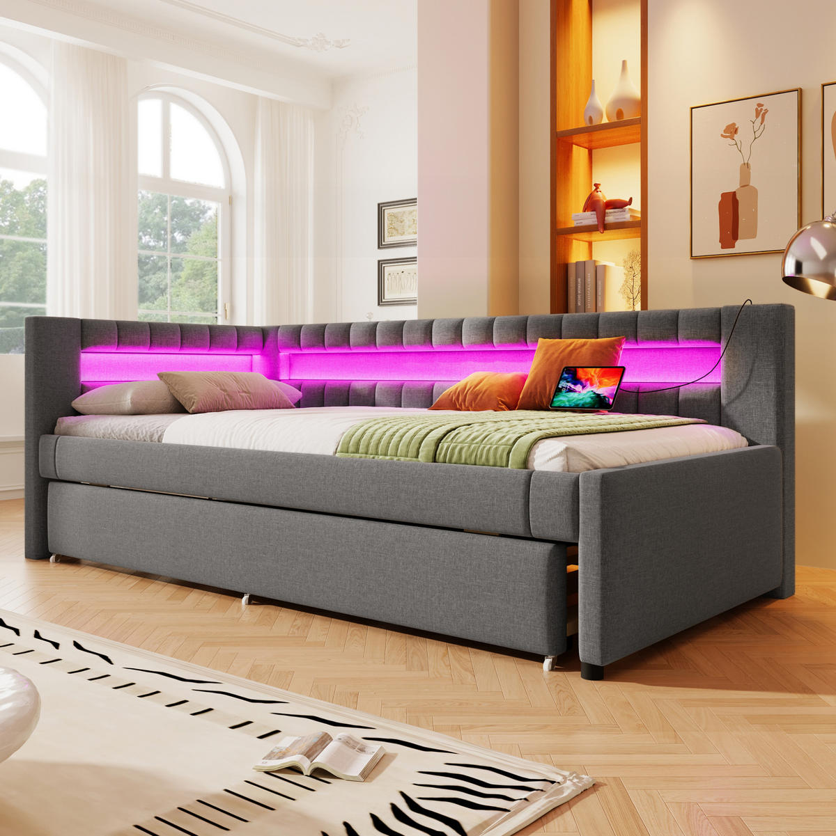 ČALOUNĚNÁ postel 90/200 cm, lněný potah šedá, s výsuvným lůžkem, LED osvětlením a USB/USB-C - šedá, textil (90/200cm) - BEAOK
