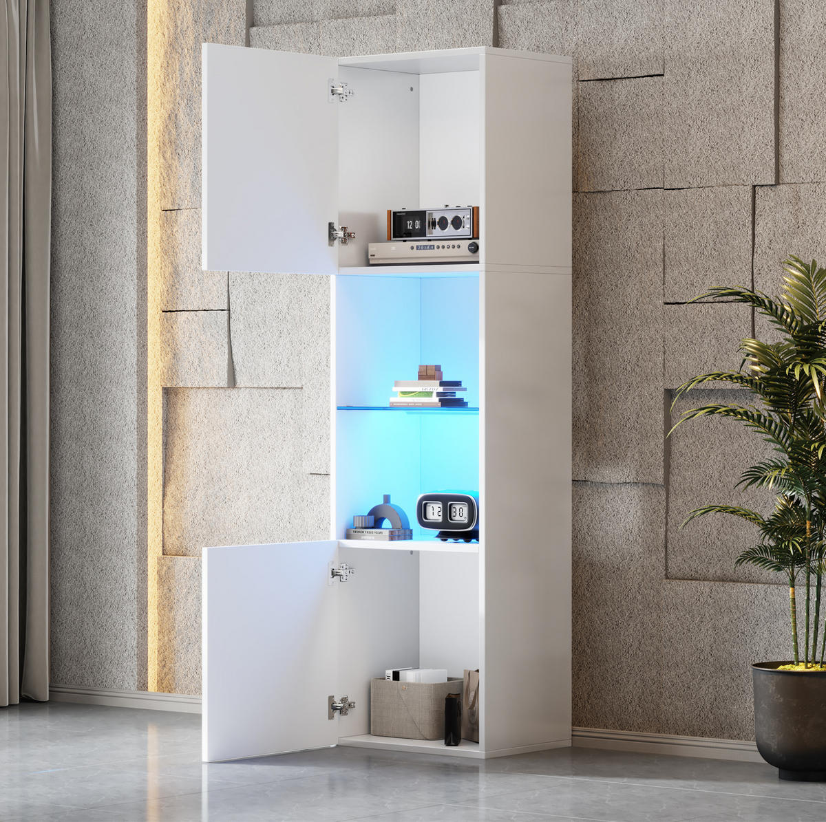 VITRINE 45/35/160 cm in Weiß Hochglanz mit LED-Beleuchtung - Weiß, Holzwerkstoff (45/160/35cm) - Flora Grace
