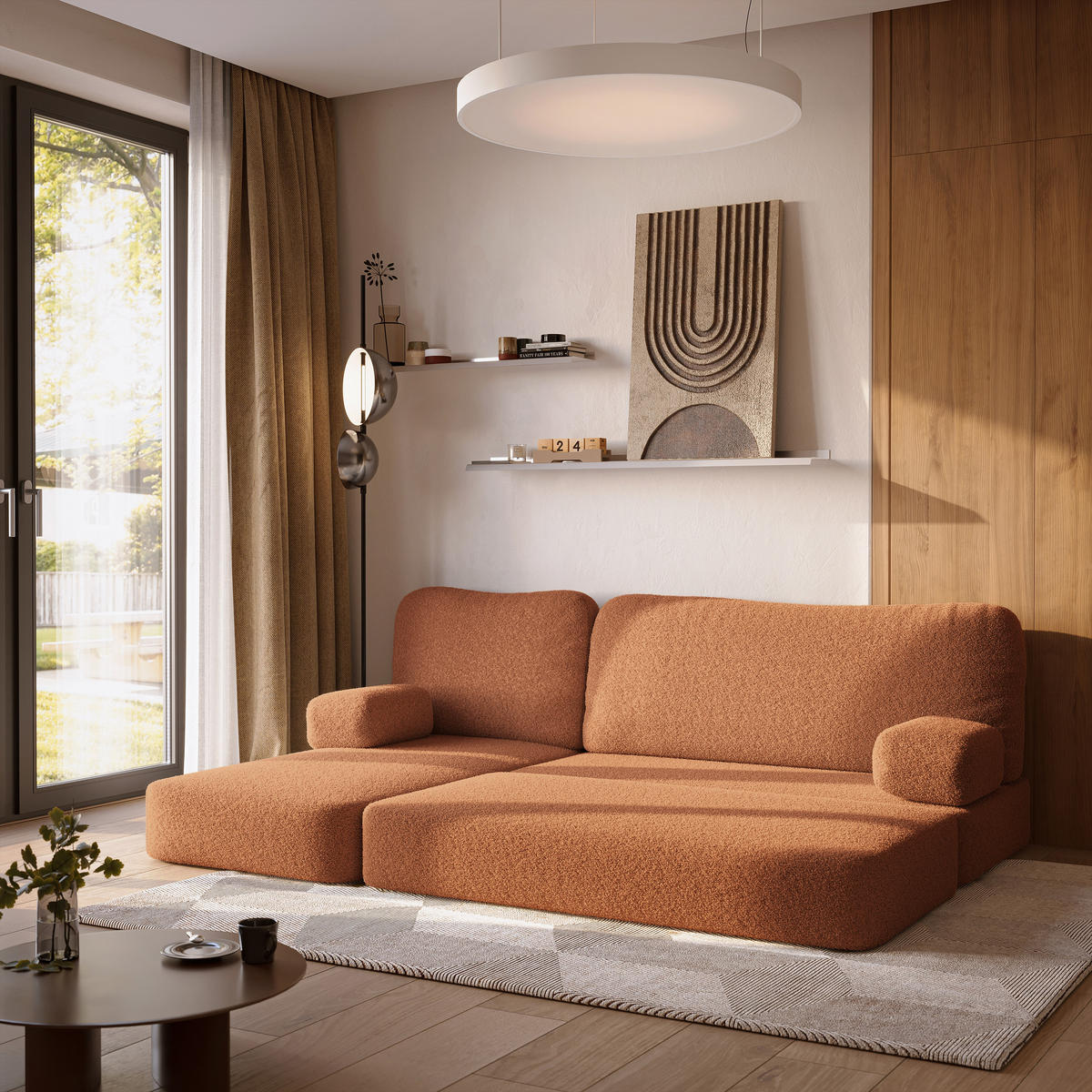 ECKSOFA SABI modulares Boneless Sofa mit Schlaffunktion Orange Boucle-Stoff - Orange, Textil (200/120cm) - MASSENO