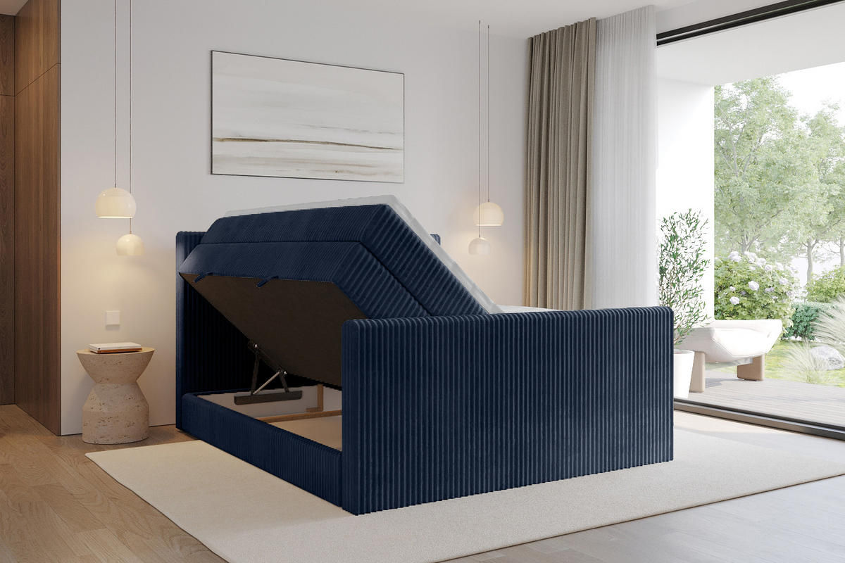 BOXSPRINGBETT mit Matratze H3|H4 und Lattenrost - TOLO-Z KING 120x200 Cord - Dunkelblau - Dunkelblau, Holzwerkstoff (120/200cm) - ALTDECOR