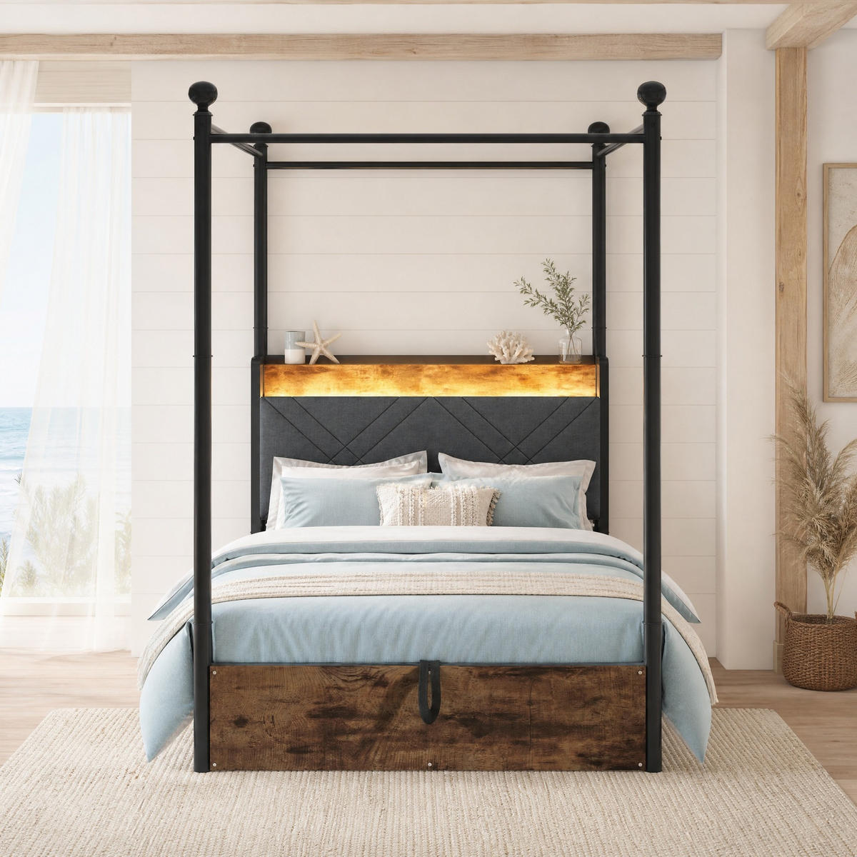 JUGENDBETT 90/190 mit Stauraum, LED, USB/Type-C und abnehmbaren Bettpfosten in Schwarz - Schwarz, Holzwerkstoff/Metall (90/190cm) - EVRYAE