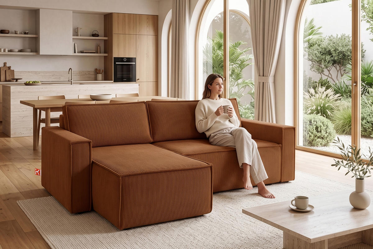 ECKSOFA-LINKS/RECHTS NAPI Schlaffunktion mit Cordbezug, rot - Schwarz/Orange, Textil (246/148cm) - KONSIMO®
