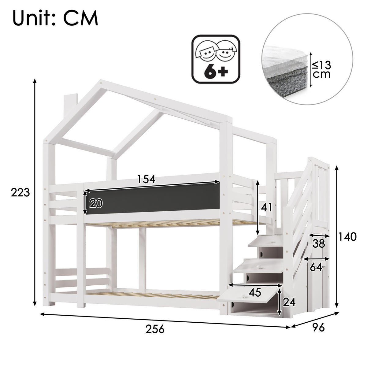 ETAGENBETT 90/200 cm mit Stauraumtreppe, Tafel und Rausfallschutz, Weiß - Weiß, Holzwerkstoff (90/90cm) - Redom