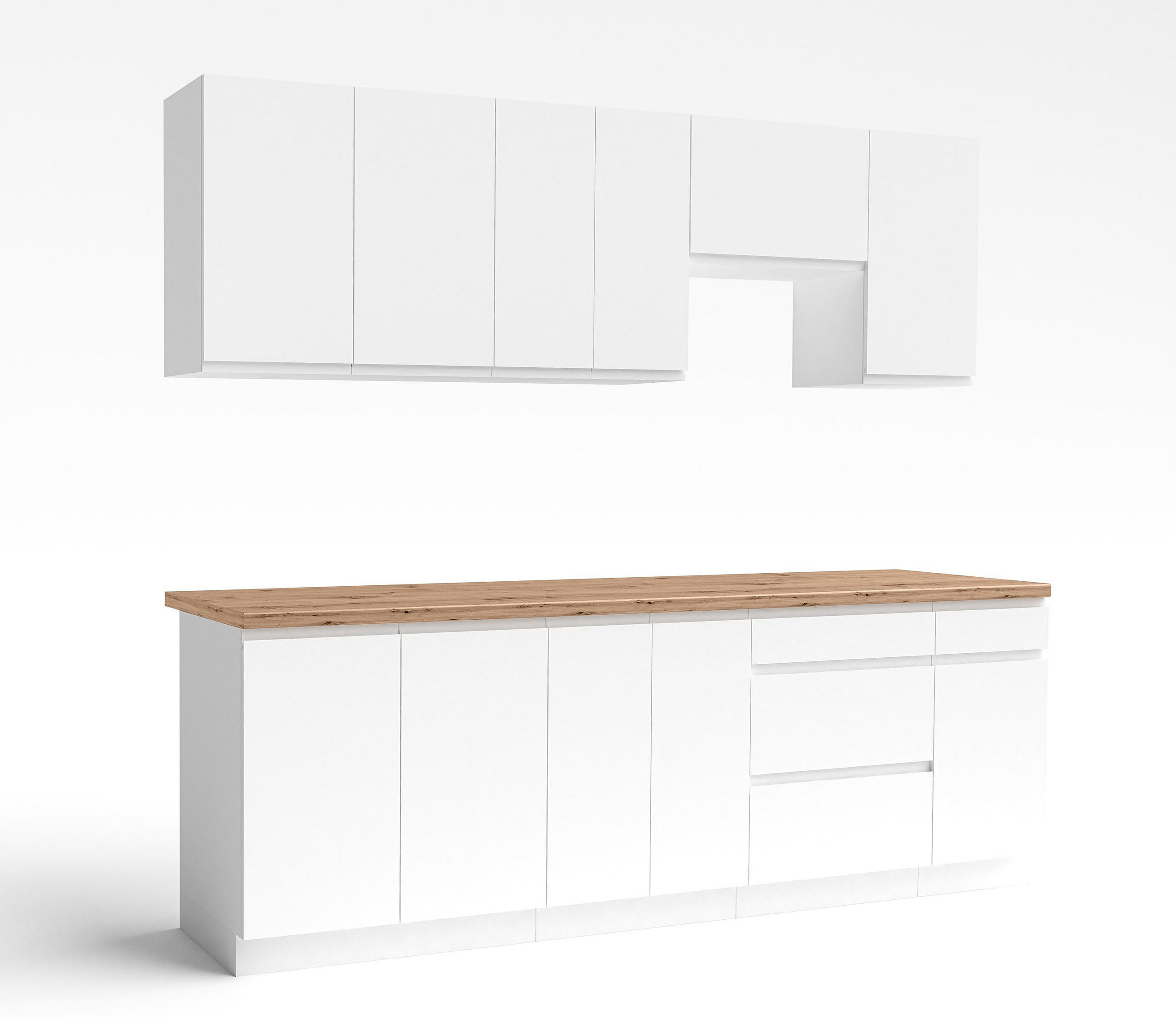 KÜCHENLEERBLOCK Aquileia 240 cm Weiß Matt mit Arbeitsplatte Eiche Artisan - Weiß/Eiche Artisan, Holzwerkstoff (240/157.8/60cm) - AX Living