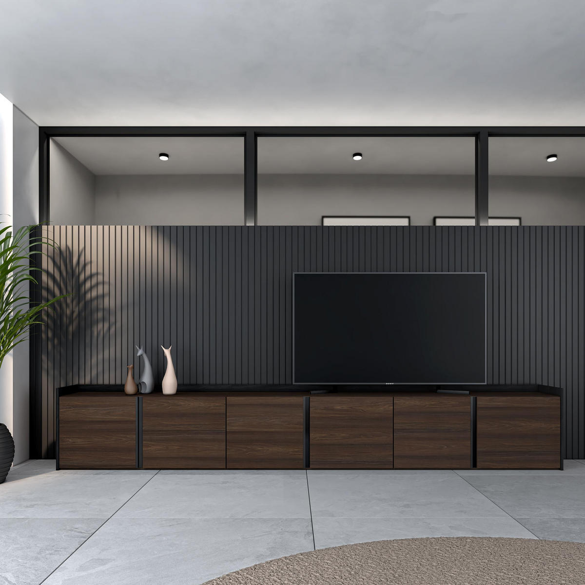 LOWBOARD, Dunkler Eiche und Schwarz, 309/35/50cm - Dunkelbraun, Holzwerkstoff (309/50/35cm) - Skraut Home