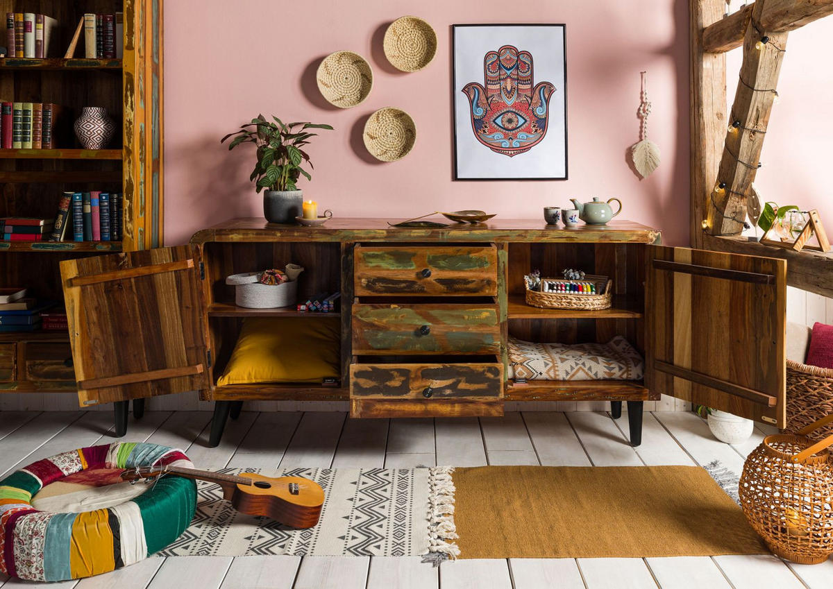 SIDEBOARD Altholz 180x45x86 mehrfarbig lackiert SIXTIES #110 - Multicolor, Holz (180/86/45cm) - Massivmoebel24