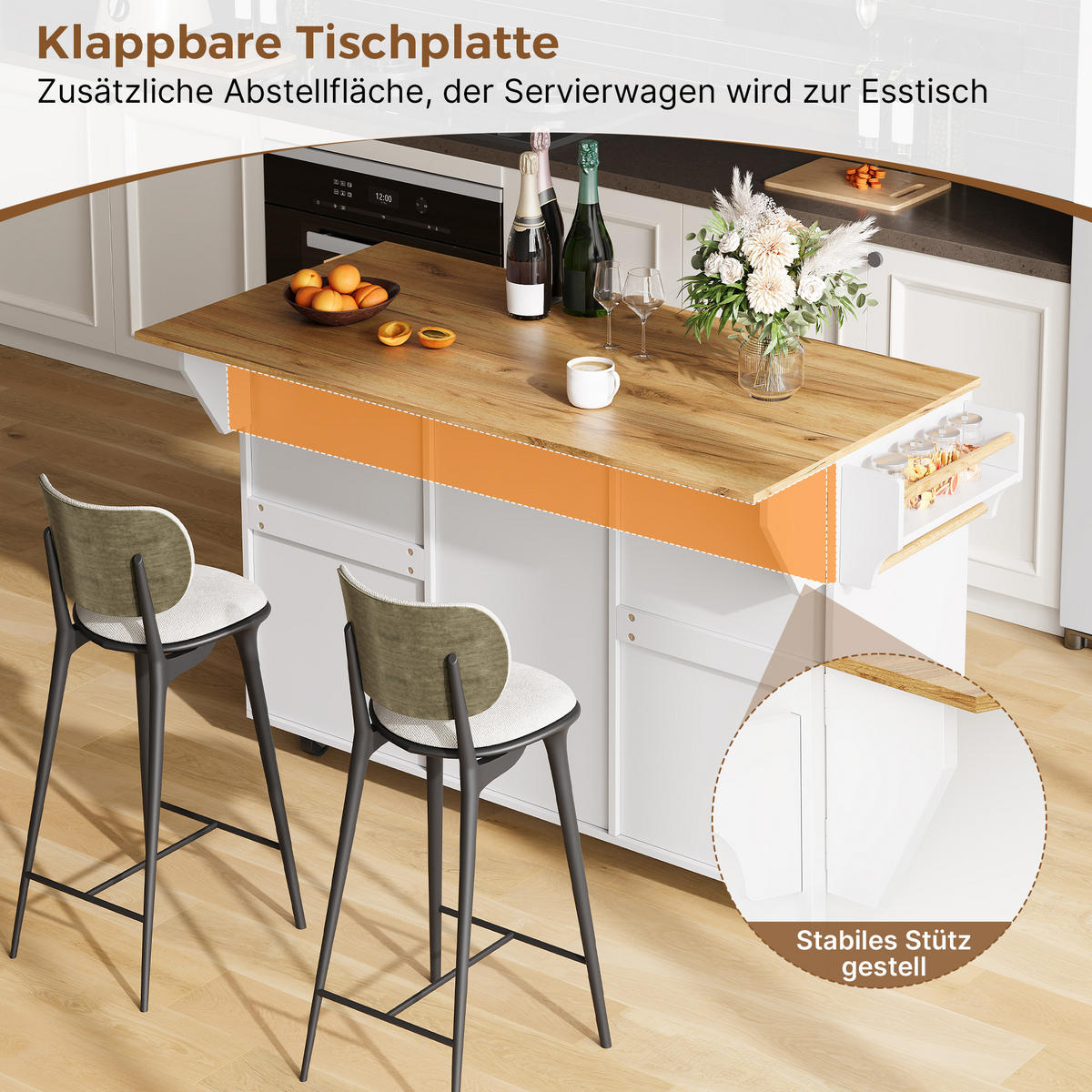 KÜCHENINSEL auf Rollen 120/45/90 cm Weiß mit klappbarer Arbeitsplatte, 4 Schublade und Gewürzregal - Silberfarben/Weiß, Holz/Holzwerkstoff (70/90/120cm) - Oxeza