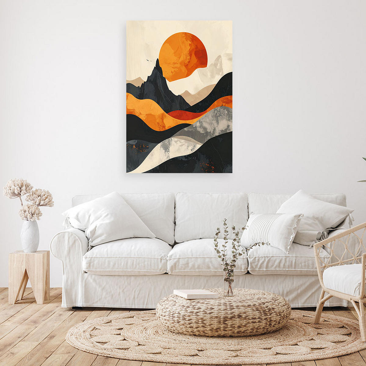 BILD auf Leinwand, Abstrakte Landschaft mit orangefarbener Sonne - Orange, Textil (70/100cm) - Feeby