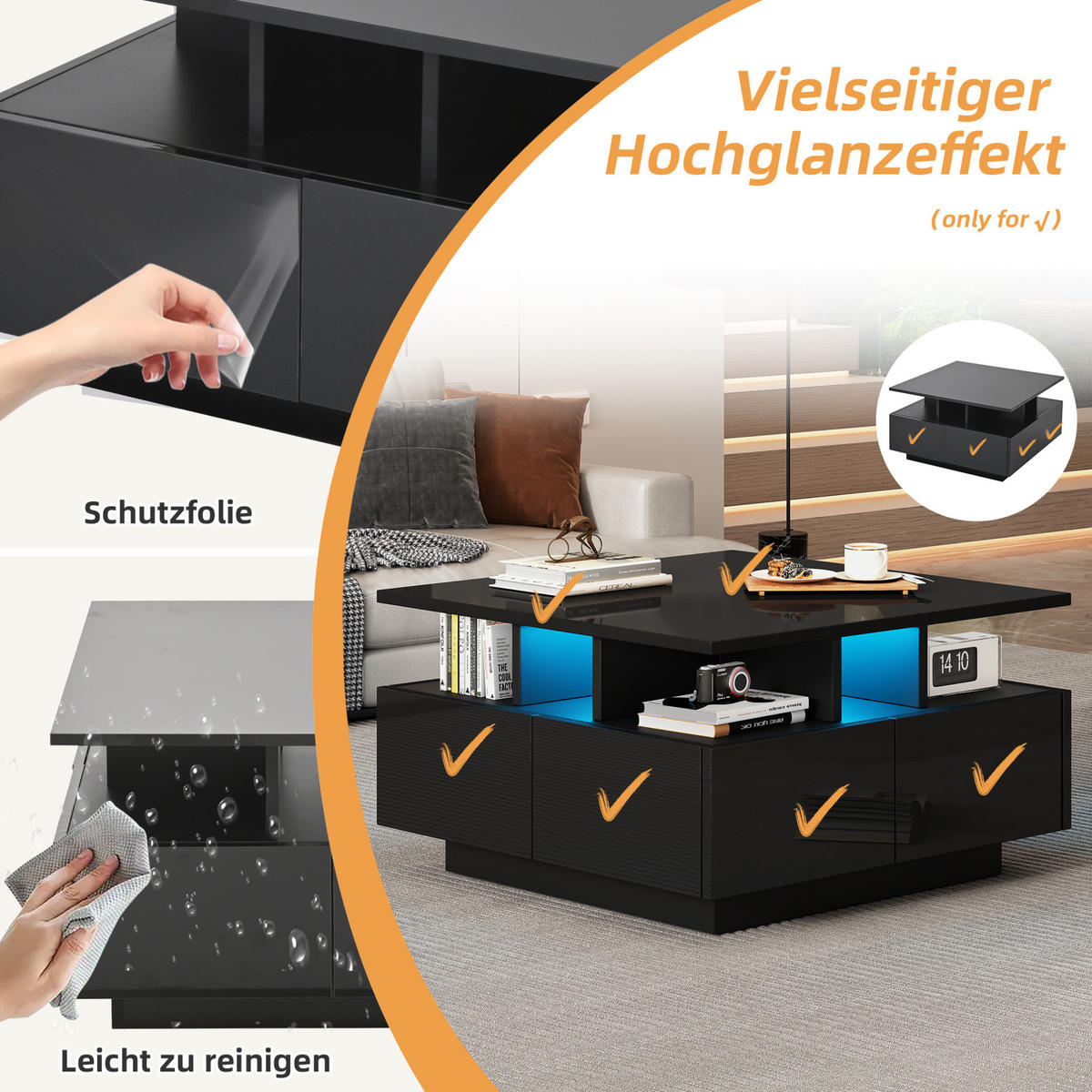 COUCHTISCH aus Spanplatte 70x70x40 cm Schwarz mit LED-Beleuchtung, 4 Schubladen und Hochglanzoberfläche - Schwarz, Holzwerkstoff (70/70/40cm) - Modfu