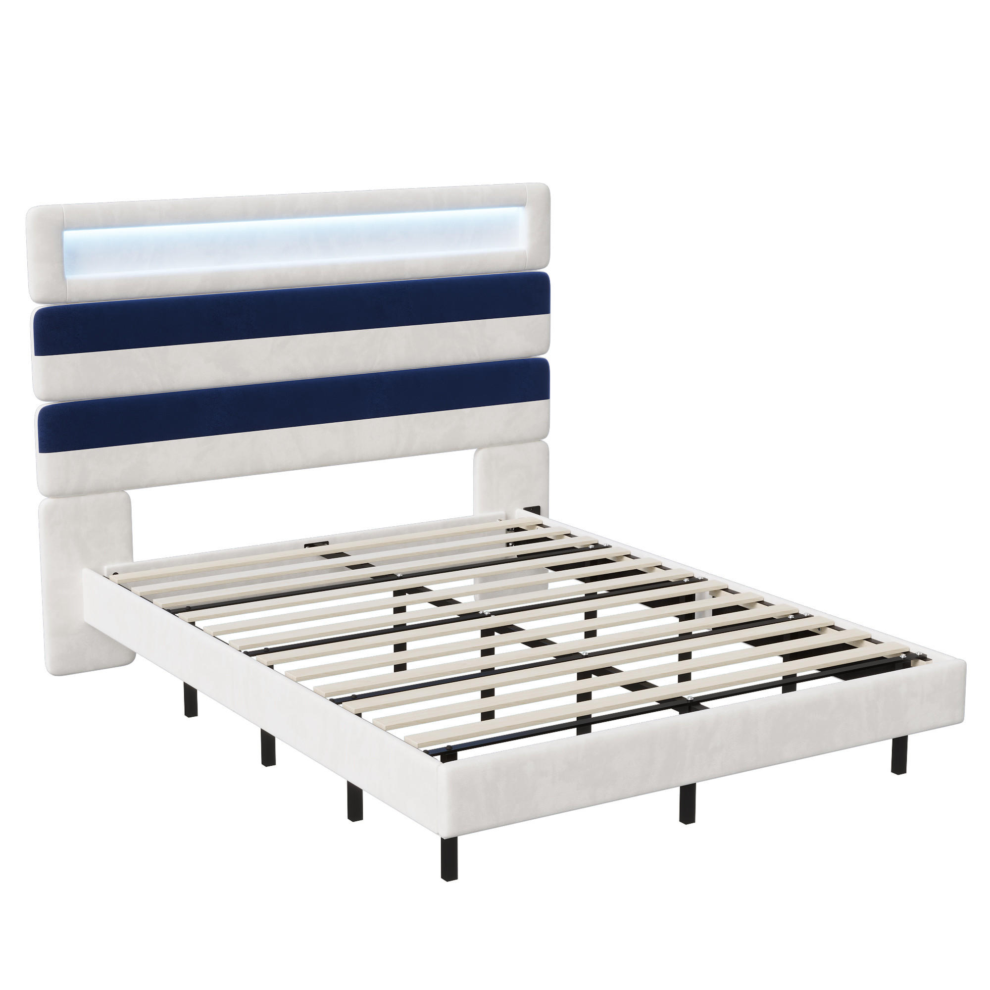 POLSTERBETT 140x190 cm, Weiß/Blau, LED-Beleuchtung und USB - Blau, Textil/Metall (140/190cm)