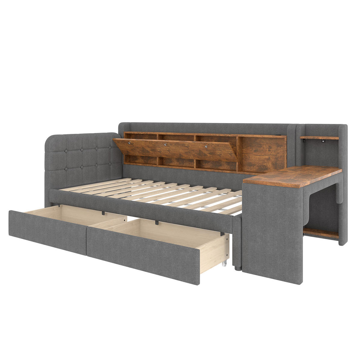 POLSTERBETT aus Leinen & MDF 90x200 cm in Grau mit Schreibtisch & 2 Schubladen - Grau, Textil (90/200cm) - Modfu