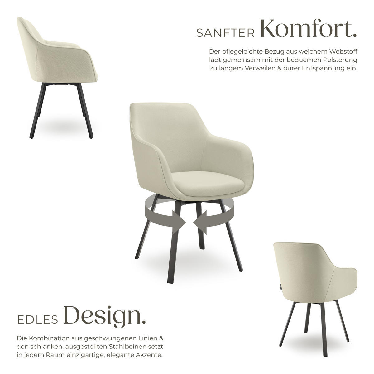 ARMLEHNSTUHL drehbarer 4er Set Alicon 57 x 59 x 88 cm greige - Greige, Textil (57/88/59cm) - tectake
