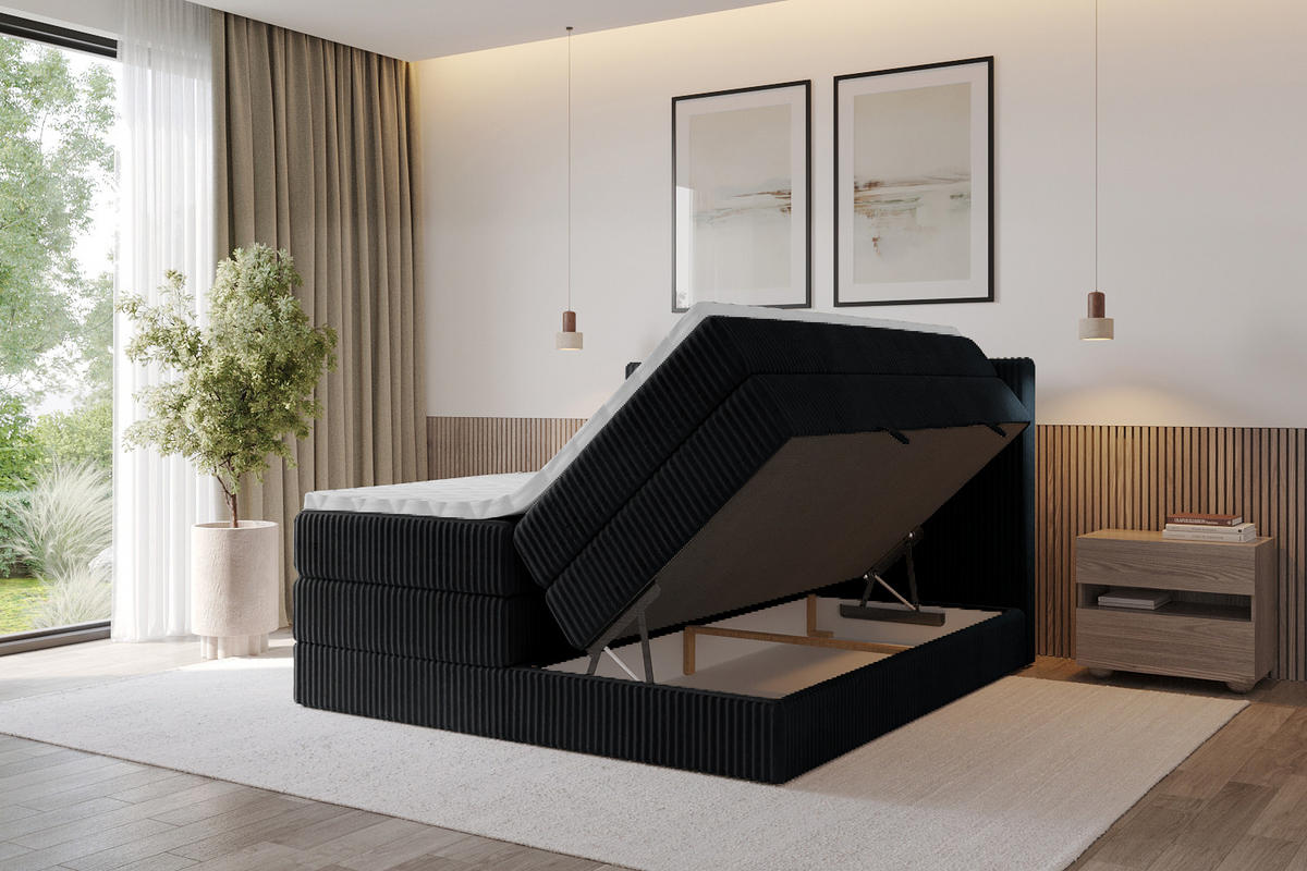 BOXSPRINGBETT mit Matratze H3|H4 und Lattenrost - TOLO KING 140x200 Cord - Schwarz - Schwarz, Holzwerkstoff (140/200cm) - ALTDECOR