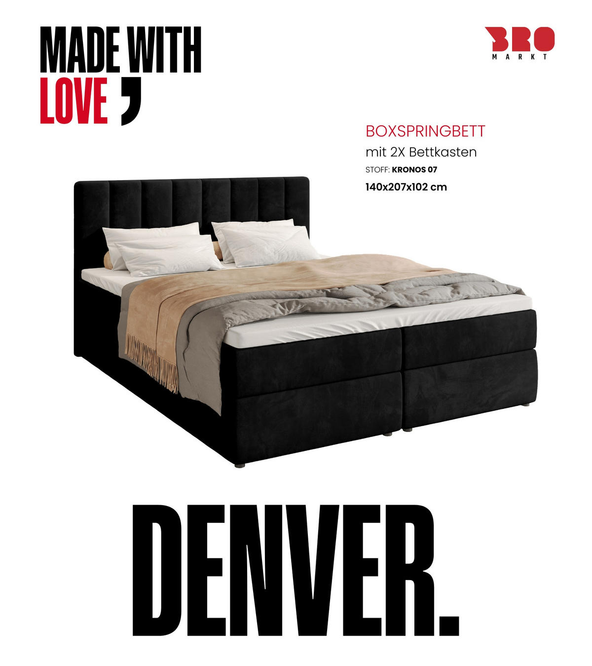 BOXBETT Denver mit Topper 140/200 Schwarz - Schwarz, Holzwerkstoff/Textil (140/200cm) - Bromarkt