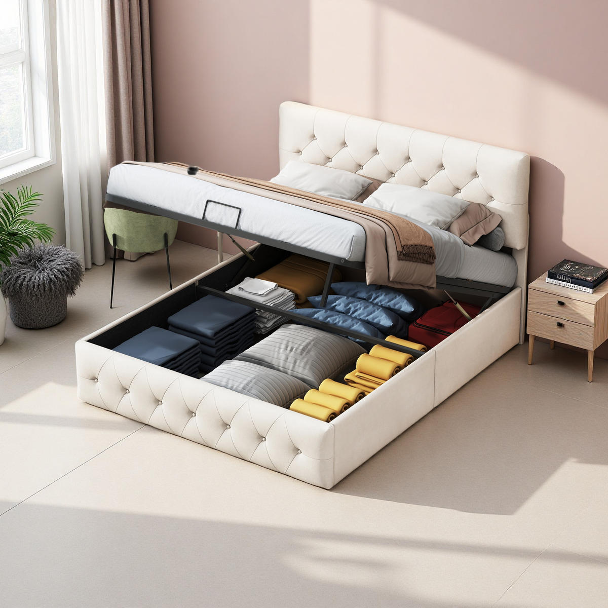 POLSTERBETT 140/200 cm Beige mit Bettkasten und Kopfteil - Beige, Holz (140/200cm) - SHOPENTRA