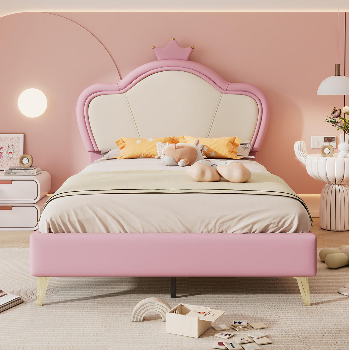 KINDERBETT 90/200 cm aus PU mit Kronen-Kopfteil Rosa/Weiß - Weiß, Kunststoff (90/200cm) - Modenvie