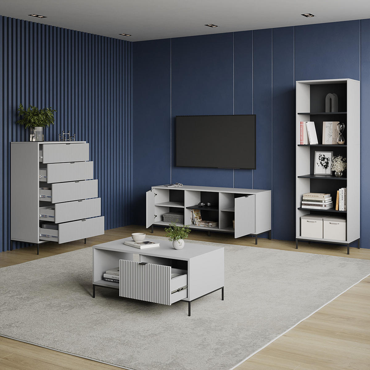 LOWBOARD Aterno Grau 150 x 60 cm mit 2 Türen - Grau, Holzwerkstoff (150/60/40.1cm) - Livinity®