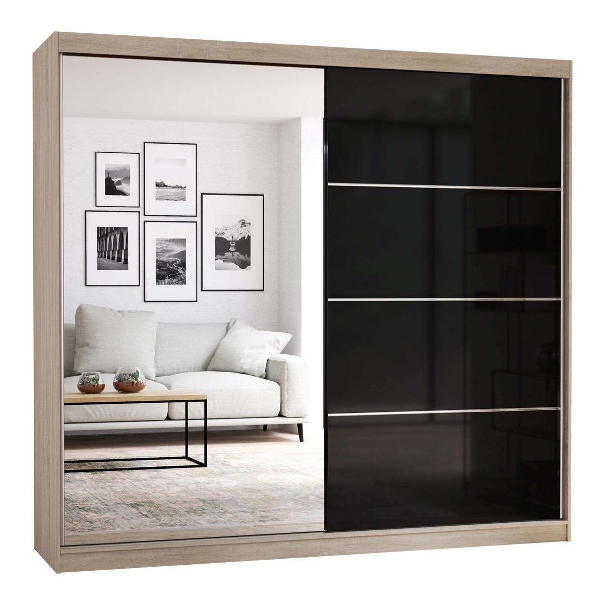 SCHIEBETÜRENSCHRANK - BEN 31 233 CM (Sonoma + Schwarz) - Schwarz/Sonoma Eiche, Holzwerkstoff/Metall (233/218/61cm) - Möblo