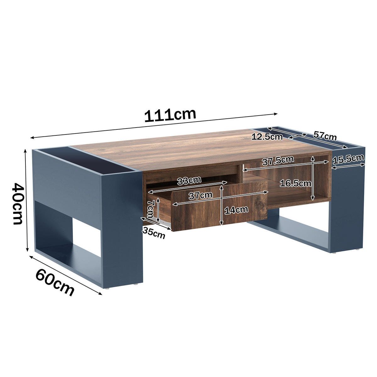 COUCHTISCH, Holzmaserung – grifflos mit Schublade & seitlichen Staufächern, 111/60/40 cm, Naturfarben/Grauschwarz - Naturfarben, Holzwerkstoff (111/40/60cm) - Redom